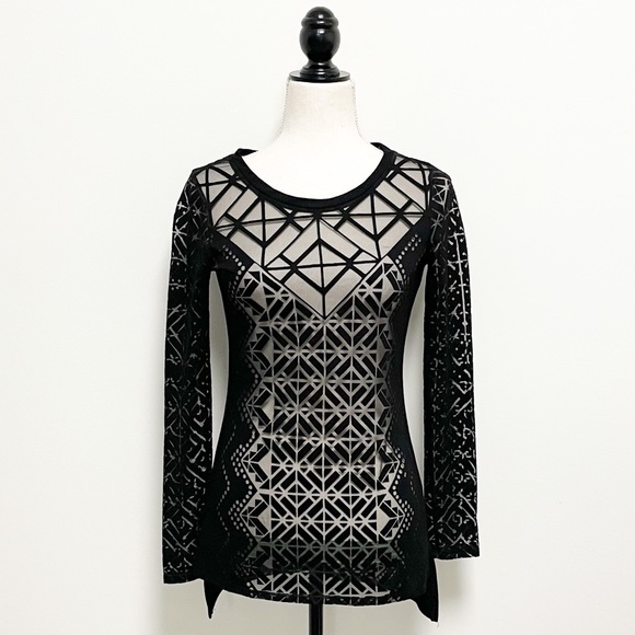 Nicole Miller Sheer Mesh Geometric Long Sleeve Top - Picture 2 of 10